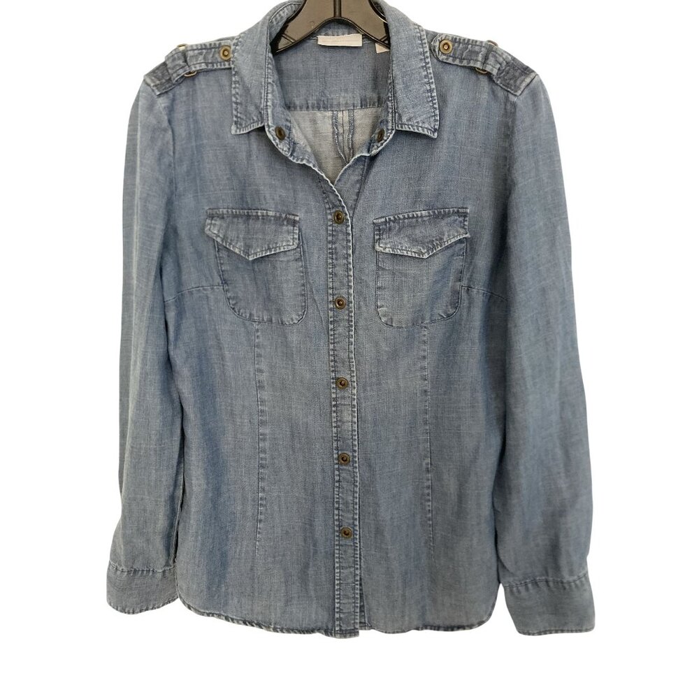 New York & Company Women's Medium Light Blue Snap up Denim Shirt With Epaulettes - Picture 1 of 10